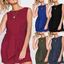 Fashion Solid Color Sleeveless Round Neck Lace-up Dress 