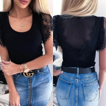 Sexy See-through Lace Spliced Short Sleeve Slim Fit T-shirt