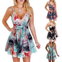 Sexy Backless V-neck High Waist Printed Sling Dress