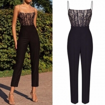 Sexy Backless High Waist Lace Spliced Sling Jumpsuit (It falls small)