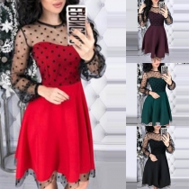 Sexy See-through Gauze Spliced Long Sleeve Round Neck Dress