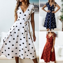 Sexy V-neck Short Sleeve Dots Printed Dress