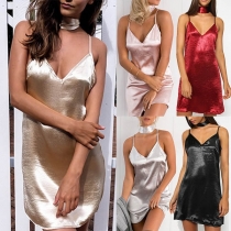 Sexy Backless V-neck Solid Color Sling Dress with Choker Strap