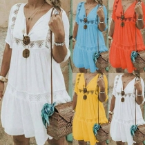 Casual Style Solid Color V-neck Hollow Out Middle Sleeve Loose Dress