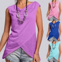 Casual Style Solid Color Round Neck Irregular Hem Sleeveless Top