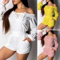 Sexy Solid Color Off-the-Shoulder Elastic Waist Long Sleeve Romper