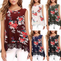 Fashion Round Neck Lace Spliced Floral Print Sleeveless Top