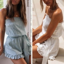 Casual Style Solid Color Elastic Off-the-shoulder Ruffled Trim Self-tie Romper