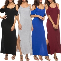 Sexy Solid Color Side Slit Slim Fit Open Shoulder Cami Dress