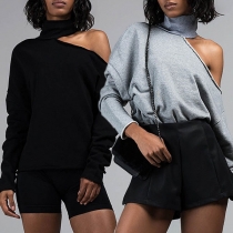 Casual Style Solid Color High Neck Open shoulder Long Sleeve Loose-fit Top