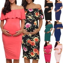 Sexy Ruffle Boat Neck Solid Color Maternity Dress