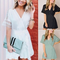 Sexy V-neck Lace Spliced Short Sleeve Solid Color Dress