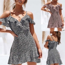 Sexy Off-shoulder V-neck Dots Printed Ruffle Sling Dress