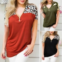 Fashion Leopard Spliced Short Sleeve V-neck T-shirt 