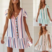 Fashion Short Sleeve V-neck Ruffle Hem Striped Dress