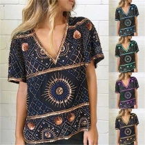 Fashion Short Sleeve V-neck Printed Loose T-shirt 