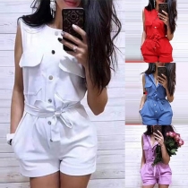 Fashion Solid Color Sleeveless Songle-breasted Romper 