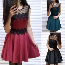 Sexy Lace Spliced Sleeveless Round Neck High Waist Dress