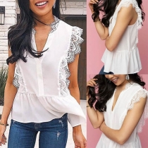 Sexy V-neck Sleeveless Lace Spliced Solid Color Top 