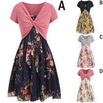 Fashion Short Sleeve Twisted Top + Sling Printed Dress Two-piece Set 