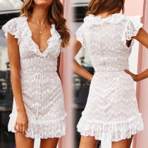 Sexy V-neck Lotus Sleeve Slim Fit Lace Dress