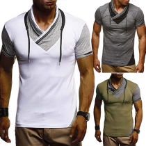 Fashion Contrast Color Short Sleeve Cowl Neck Men's T-shirt