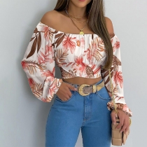 Sexy Off-shoulder Boat Neck 3/4 Trumpet Sleeve Printed Blouse