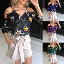 Sexy Off-shoulder 3/4 Sleeve V-neck Printed Blouse 