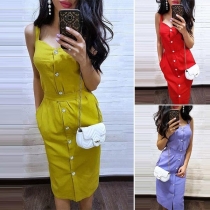 Sexy V-neck High Waist Front-button Solid Color Sling Dress