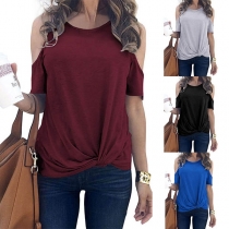 Sexy Off-shoulder Short Sleeve Twisted Hem Solid Color T-shirt 