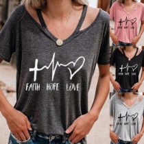 Fashion Letters Printed Short Sleeve V-neck T-shirt 