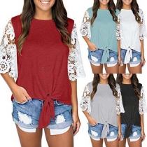 Fashion Lace Splice Half Sleeve Knotted Hem T-shirt 