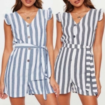 Fashion Sleeveless V-neck Front-button Striped Romper 
