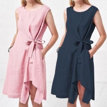 Fashion Solid Color Sleeveless Irregular Hem Side Lace-up Dress