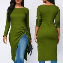 Fashion Solid Color Long Sleeve Side-drawstring Top 