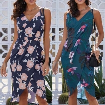 Sexy Backless V-neck Irregular Hem Printed Sling Dress