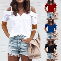 Sexy Off-shoulder Short Sleeve Solid Color Sling Blouse (The size runs small)