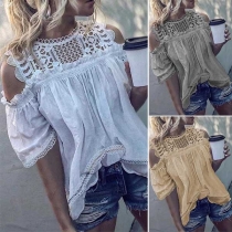 Sexy Off-shoulder Short Sleeve Round Neck Lace Spliced Top 