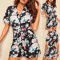Fresh Style Short Sleeve Notched Lapel High Waist Printed Romper