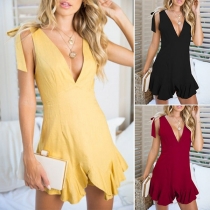 Sexy Deep V-neck Irregular Hem Sleeveless Solid Color Dress