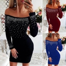 Sexy Off-shoulder Boat Neck Long Sleeve Rhinestone Spliced Tight Dress