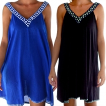 Sexy Backless V-neck Sleeveless Printed Beach Dress