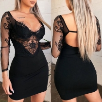 Sexy Backless V-neck Lace Spliced Long Sleeve Slim Fit Dress