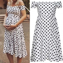 Sexy Off-shoulder Boat Neck Dots Printed Dress