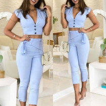 Sexy Short Sleeve V-neck Crop Top + High Waist Pants Two-piece Set 