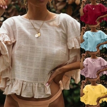 Fashion Solid Color Trumpet Sleeve Ruffle Hem Top