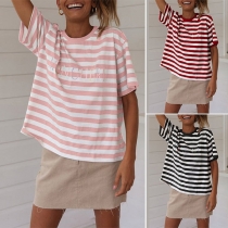 Fashion Short Sleeve Round Neck Loose Striped T-shirt 