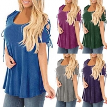 Sexy Hollow Out Lace-up Short Sleeve Round Neck Solid Color T-shirt 