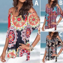 Sexy Off-shoulder Half Sleeve Round Neck Printed T-shirt 