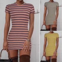 Fashion Short Sleeve Round Neck Slim Fit Striped T-shirt Dress